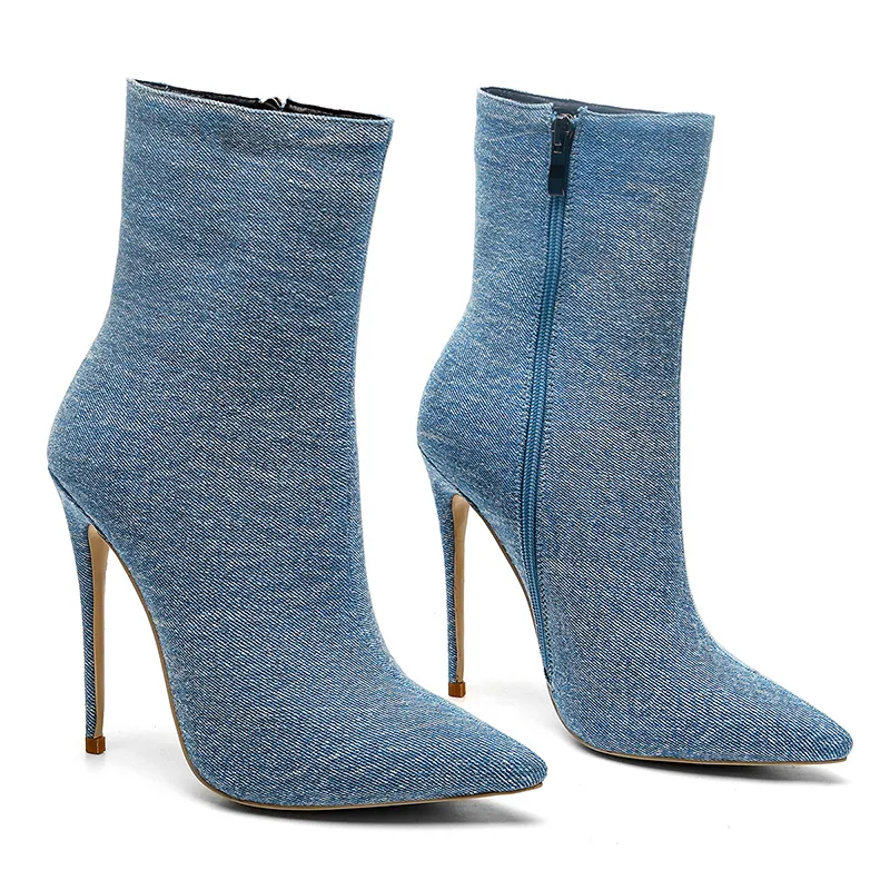 حار بيع mstacchi تصميم جديد عالية الكعب الكاحل أحذية للنساء أشار تو الجوارب الأزرق الدنيم الأحذية السيدات الأزياء والأحذية امرأة عالية الكعب
