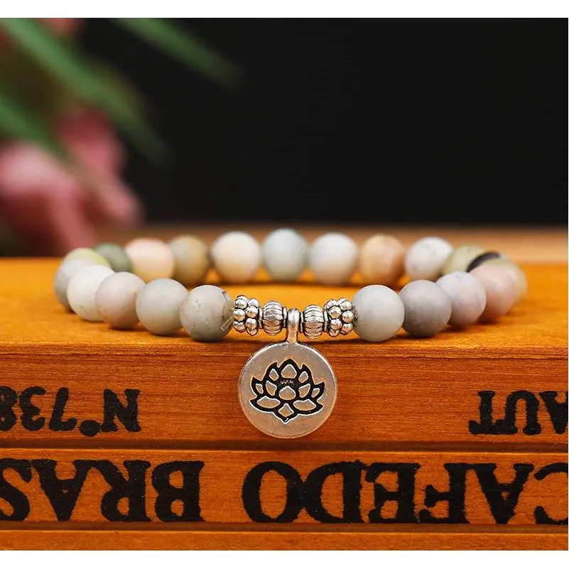 8mm matte amazonite stone strand bracelet yoga chakra mala bracelet om lotus women men beaded charm bracelet handmade jewelry