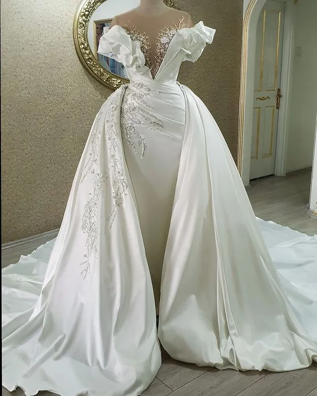 2022 Plus Storlek Arabisk Aso Ebi Lyxig sjöjungfru Sexig Bröllopsklänning Beaded Lace Kristaller Bröllopklänningar Klänningar ZJ274