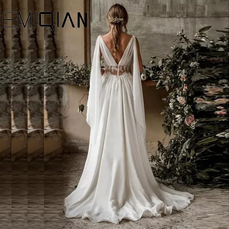 Greek Goddess Satin Bell Sleeve Wedding Dress Long Sleeve, Open Back, Full  Length A Line Bridal Gown For Outdoor Garden Weddings Style #2258 From  Wedsw96, $113.57 | DHgate.Com