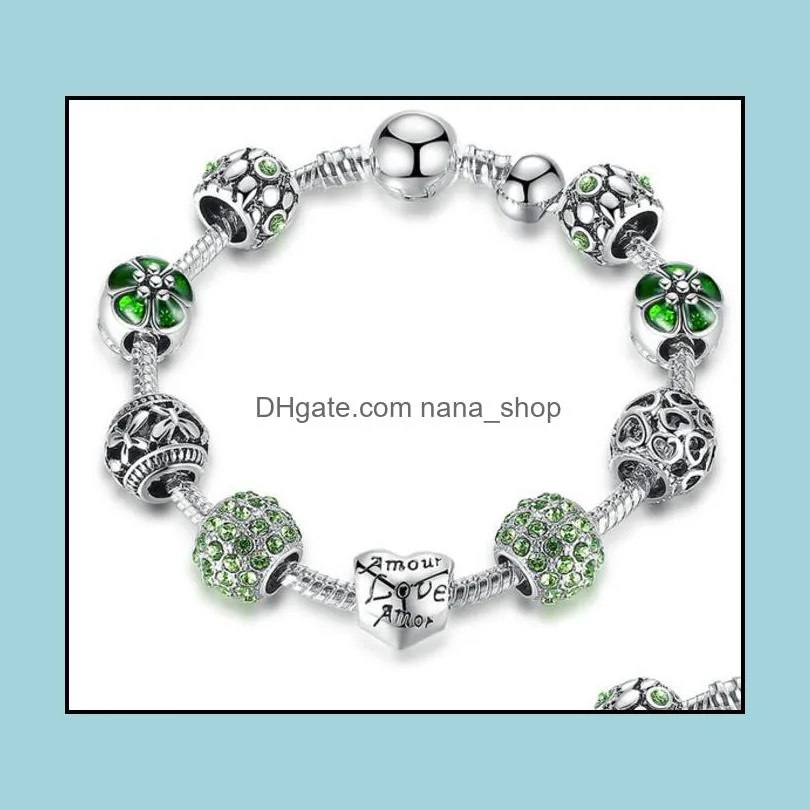 Antique Silver Charm Bracelet & Bangle with Love and Flower Crystal Ball Women Wedding Valentine`s Day Gift