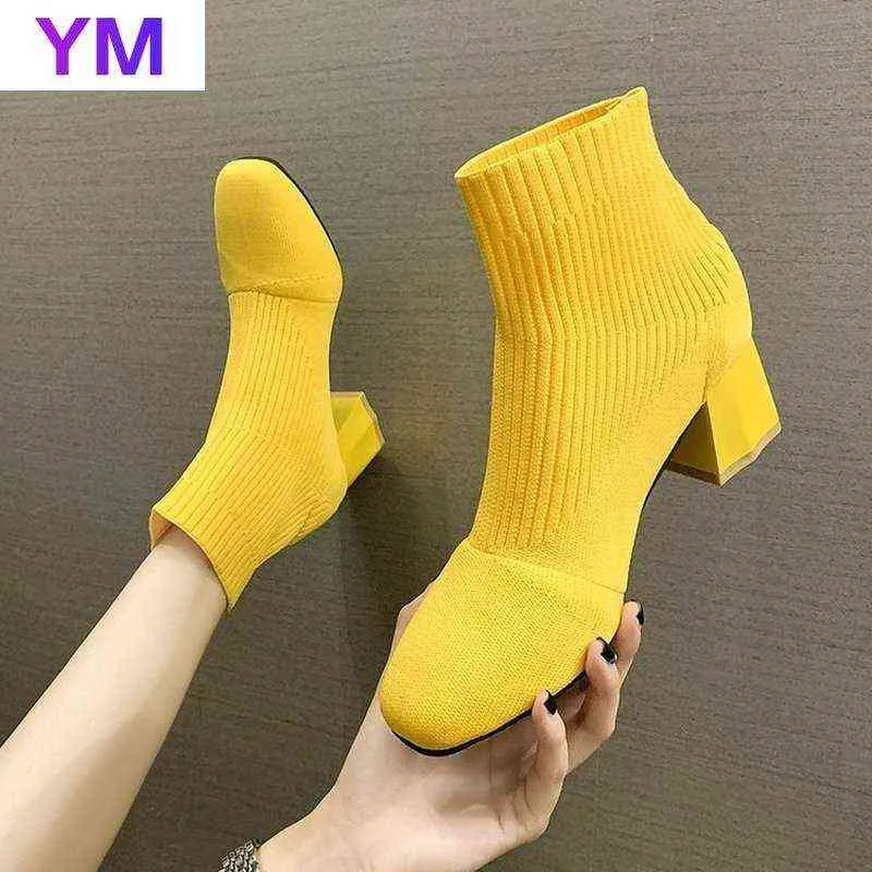 Lady Stretch Tyg Booties Kvinna 2020 Högklackat Lyxig designer Rund Toe Ladies Stiletto Fashion Ankel Boots Gummi Höst Y1209