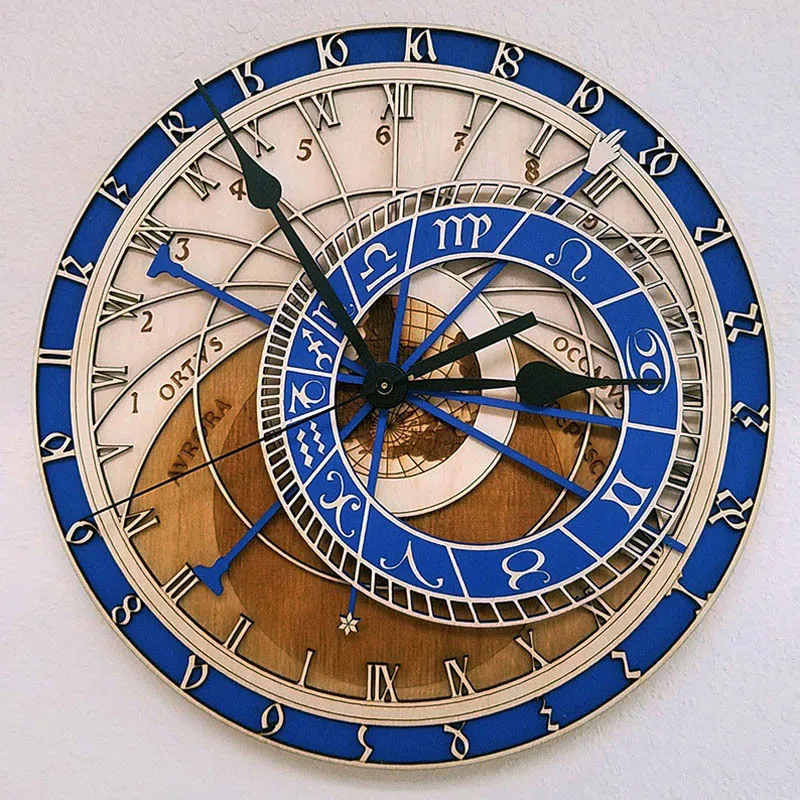 Praag astronomische houten grote wandklok home decor quartz vintage klok 12 maat stilte woonkamer decoratieve opknoping horloge T200616