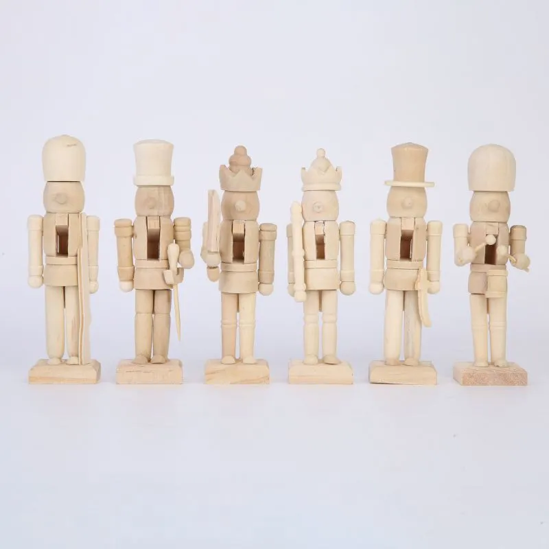 6pcs Schiaccianoci di legno Bambola Decorazione Fai da te Vernice vuota Giocattolo Bambola di legno non verniciata per bambini Figurine soldato fai da te Ornamenti da tavola C0125