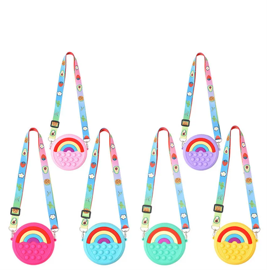 Sensory Silicone Toy Messenger Bag Rainbow Shoulder Bags Pop Fidget Zipper Case Bubbles Toy for Kids and Adults Reliever Pressure Silicone Toy