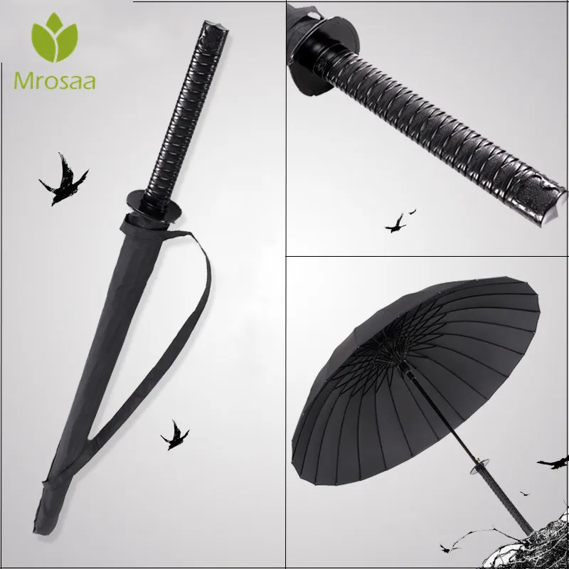 Elegante negro japonés samurai ninja espada katana paraguas sol lluvia a prueba de viento paraguas de mango largo semiautomático 8,16,24 costillas 201110