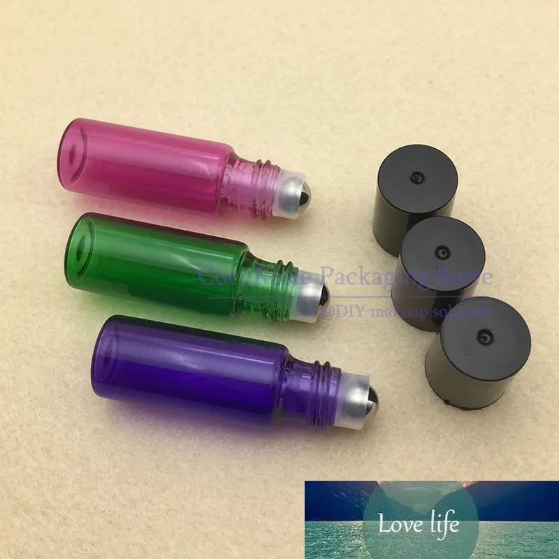 (30 unids/lote) botella enrollable de vidrio de 5ML, botella enrollable de aceite esencial, botella de Perfume verde/violeta azulada/rosa roja