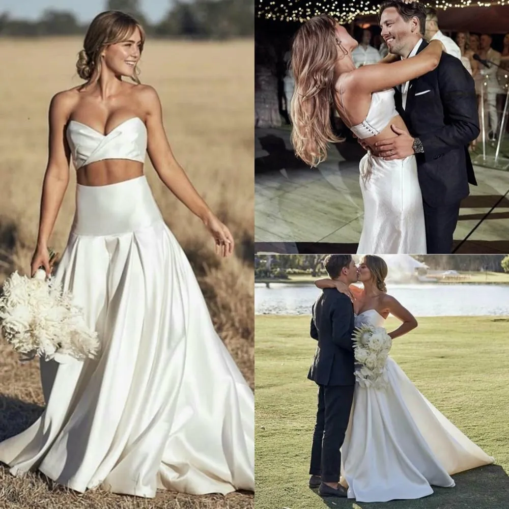2021 Två bit bröllopsklänningar En linje Satin Sweetheart Neckline Sweep Train Ruched Pleats Custom Made Wedding Gown Vestido de Novia