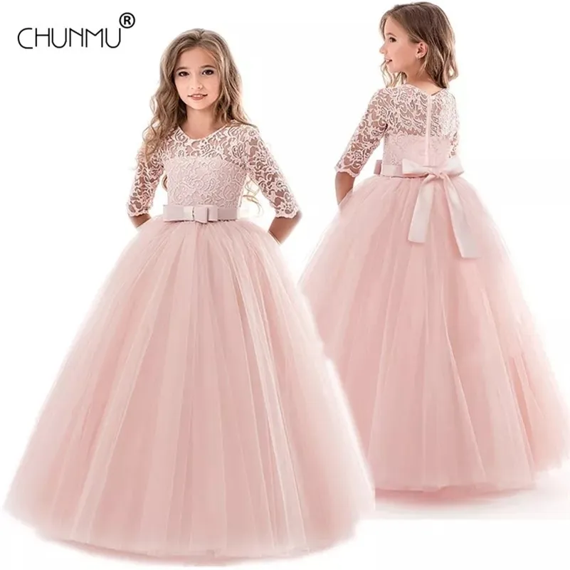 Crianças meninas casamento flor menina vestido longo manga elegante princesa festa festa formal vestido tulle laço vestido lj200923