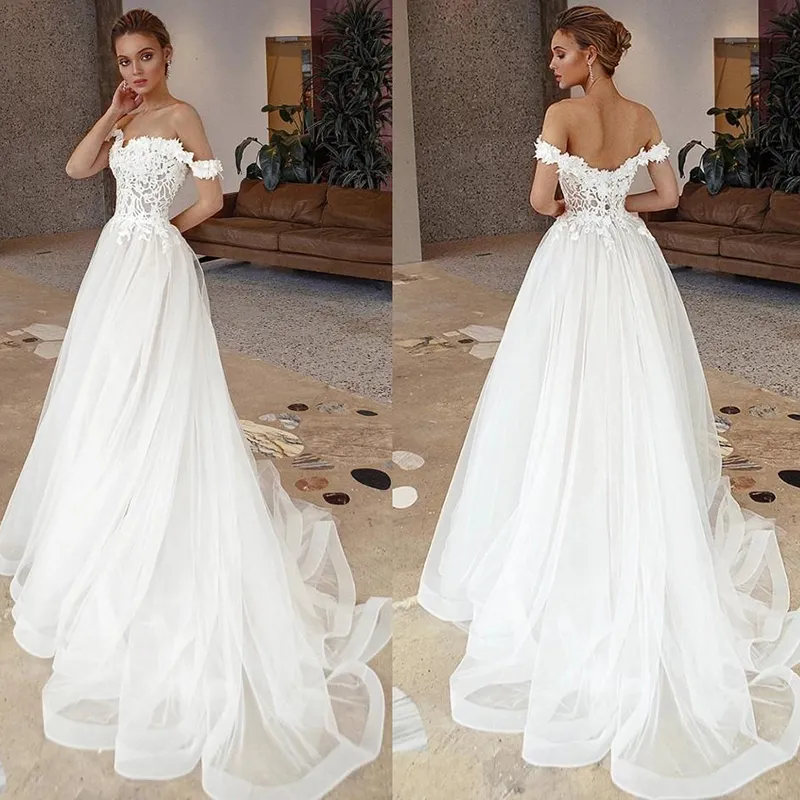 Spitze A-Linie Hochzeitskleid 2021 3D-Blumenapplikationen Sweep Zug Brautkleider Boho Garden Wedding Vestidos