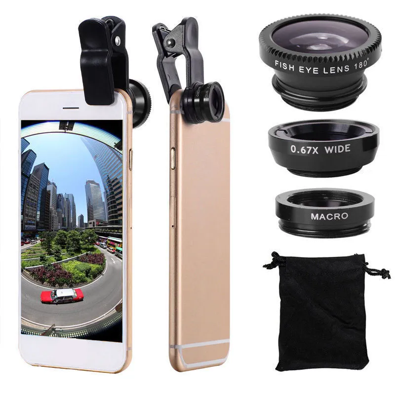 3 In1 Universal Telefon Fisheye Clip Obiektyw 0.67x Szeroki kąt Zoom Fish Eye Makro Soczewki Kamery Kamery Zestawy Smartphone