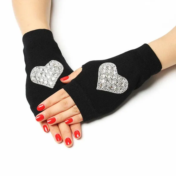 Women Girls Fingerless Gloves Fashion Rivet Rhinestone Flower Embroidery Black Gloves Warm Wool Knitted Half Finger Mittens