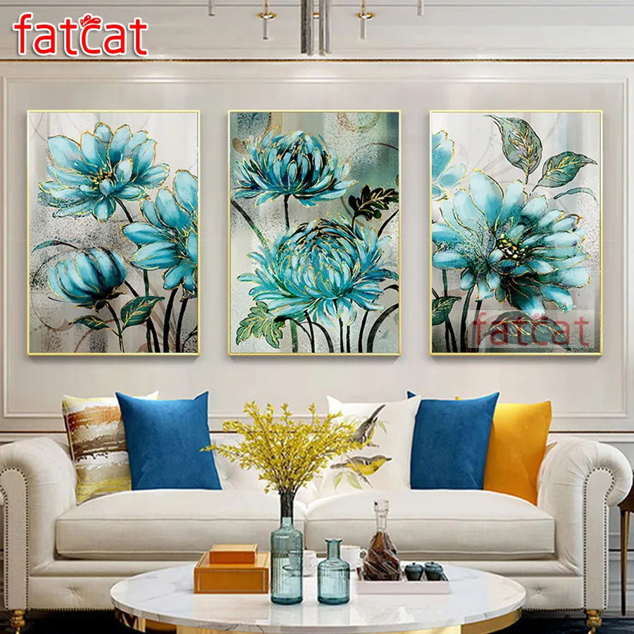 Fatcat 5d diy diamante pintura azul flor cheia quadrado redondo broca diamante bordado rhinestone kit triptych casa decoração AE003 201112