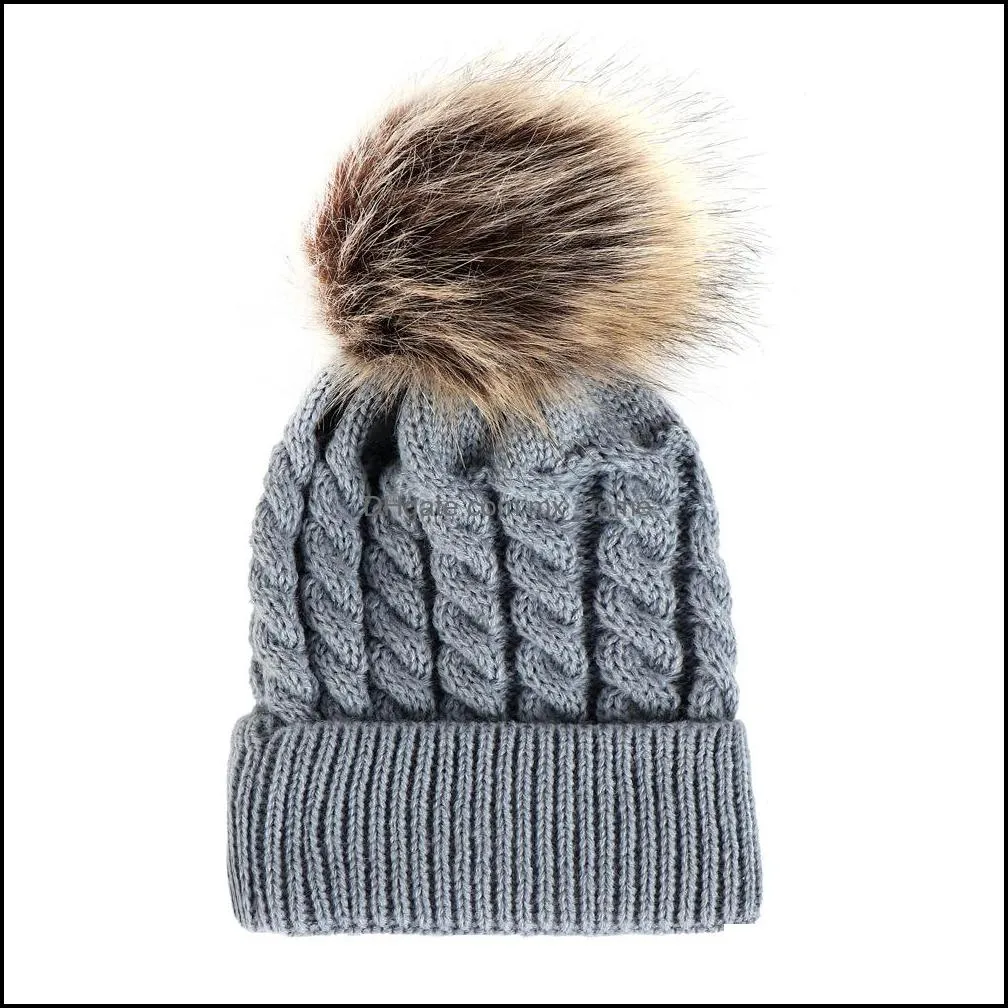 Baby Crochet Caps Kids Fur Ball Knitted Hats Imitation Braid Hairball Wool Cap Children Winter warm Hat 9 Colors Accessories C1654