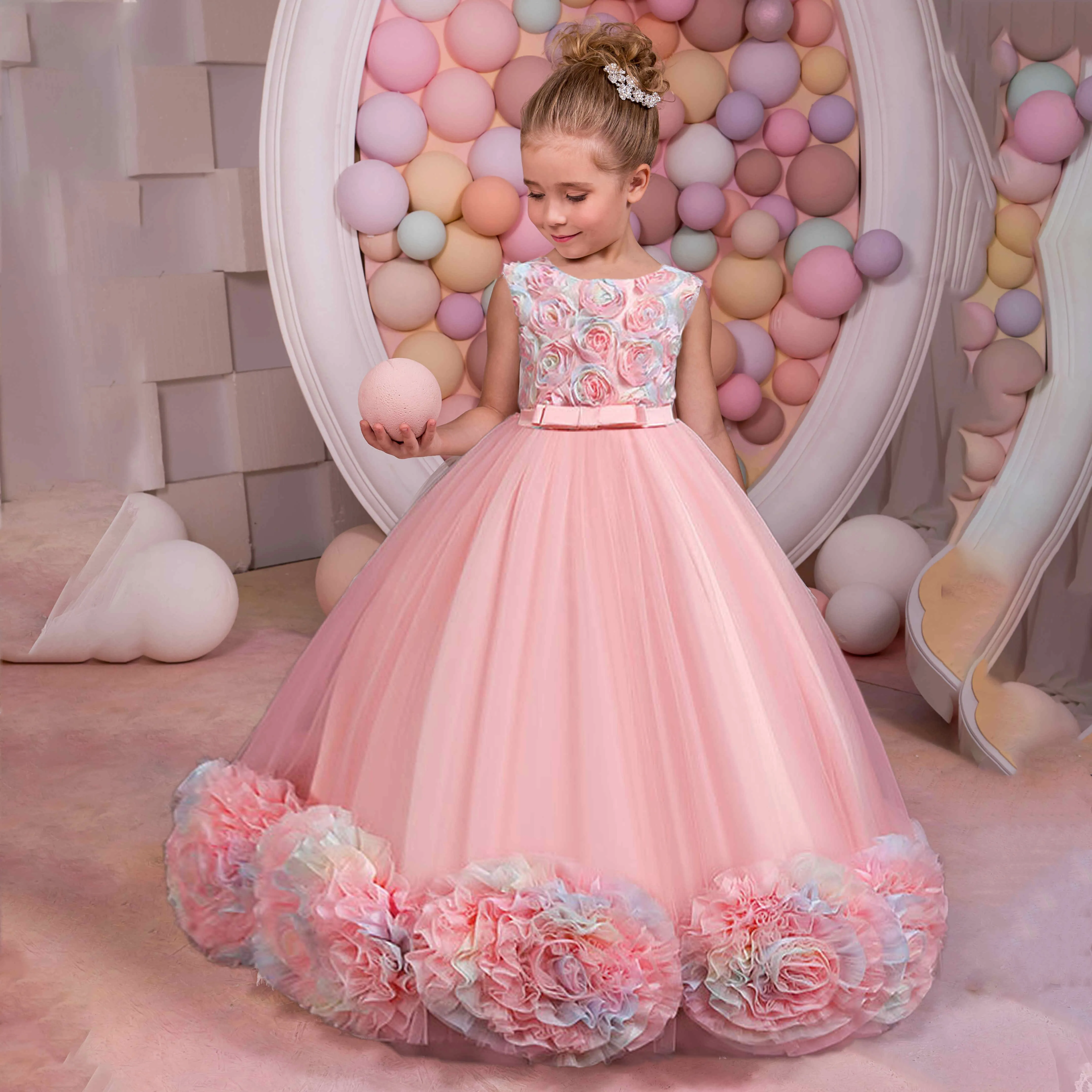 Ceremonie meisje doopjurken bloemblaadje prinses lange formele eerste communie kinderen partij elegante kinderen jurk bruiloft verjaardag jurk