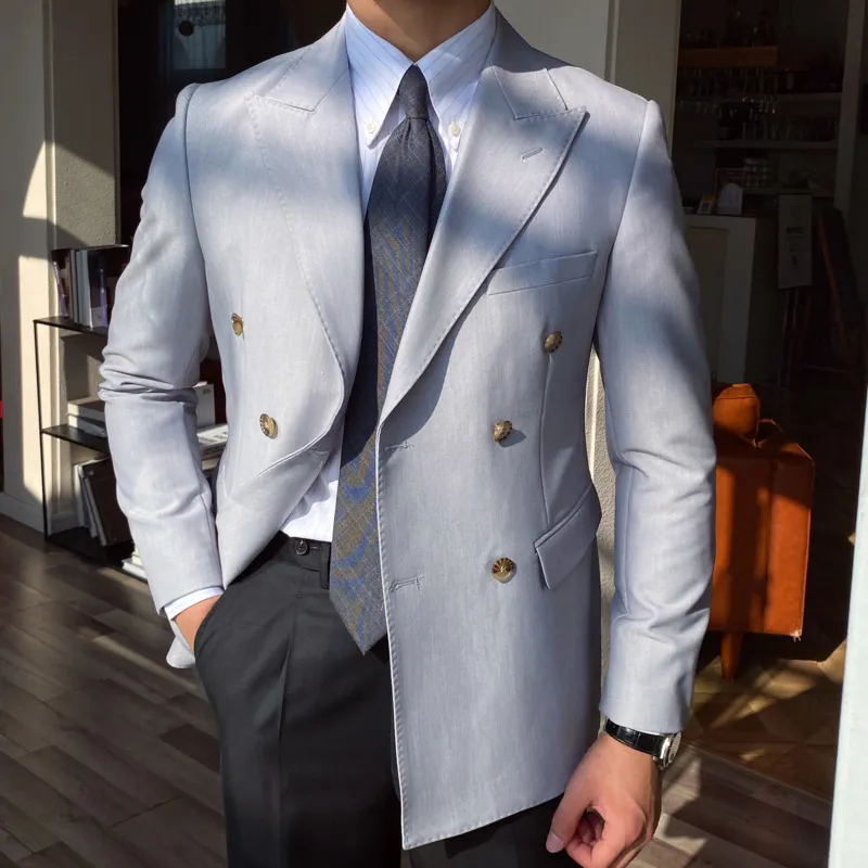 British Slim Suit Man Blazer Homme Prom Blazer For Men Spring Italian Big Collar Gentleman Double Breasted Blue Casual Suit 220310