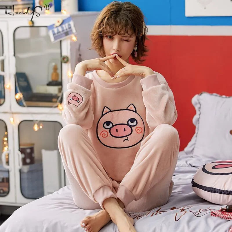 Cartoon Animal Print Flannel Pajama Set For Women And Girls Autumn