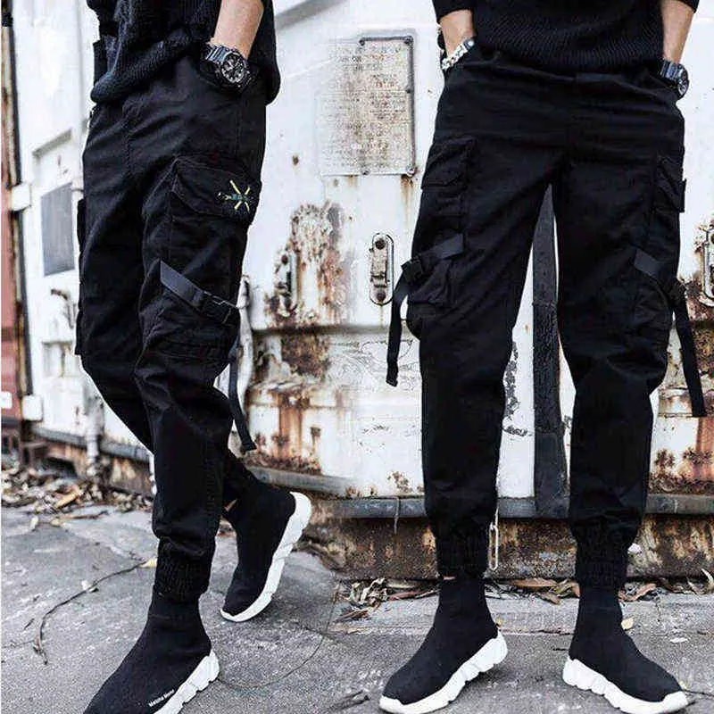 Streetwear Wstążki Casual Spodnie Mężczyźni Czarne Slim Męskie Joggers Spodnie Boczne Kieszenie Bawełniane Człowiek Spodnie H1223