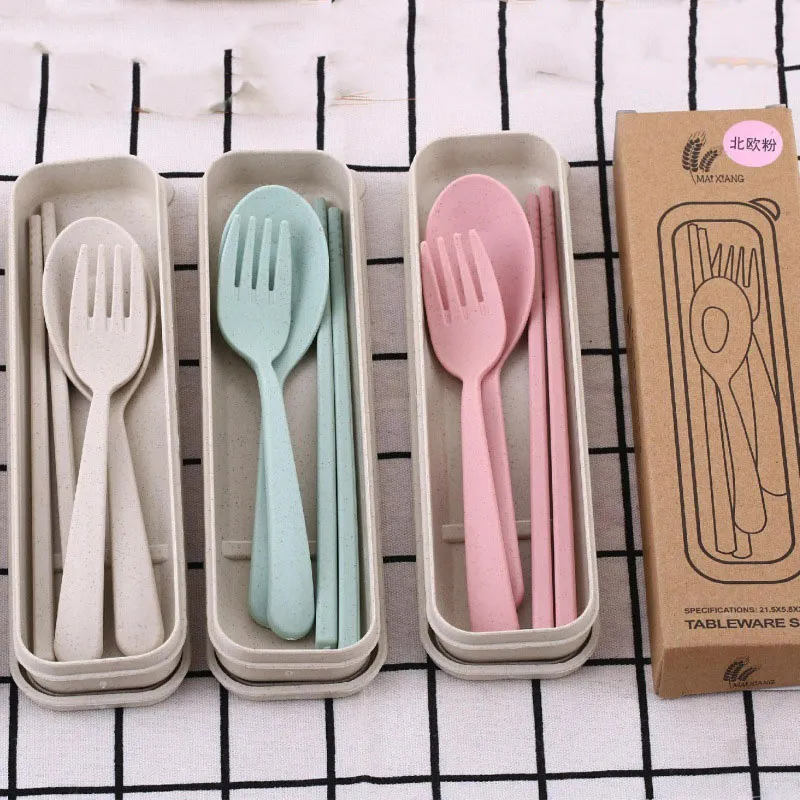 4 Sets Portable Wheat Straw Cutlery Spoon Chopsticks Fork Tableware set Daily Use Reusable Eco-Friendly BPA Free Utensils for Kids Adult Travel Picnic Camping
