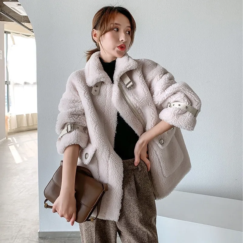 Femmes automne hiver fausse fourrure d agneau manteau en peau de mouton veritable mouton granulaire veste de cisaillement femme decontractee vetements