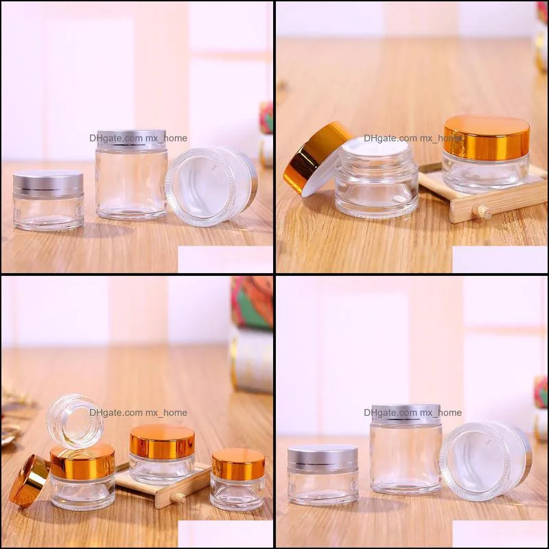 Clear Glass Cosmetic Cream Bottle Round Jars Bottle with Inner PP Liners for Hand Face Cream 5g to 100g Gold Silver Lids