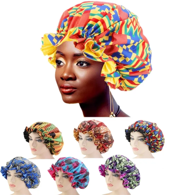 Mode Dames Accessoires Hoofddeksels Multicolor Nightcaps Afrikaanse Dames Gedrukt Slaapkappen Dubbellaags Grote Kant Dome Hat