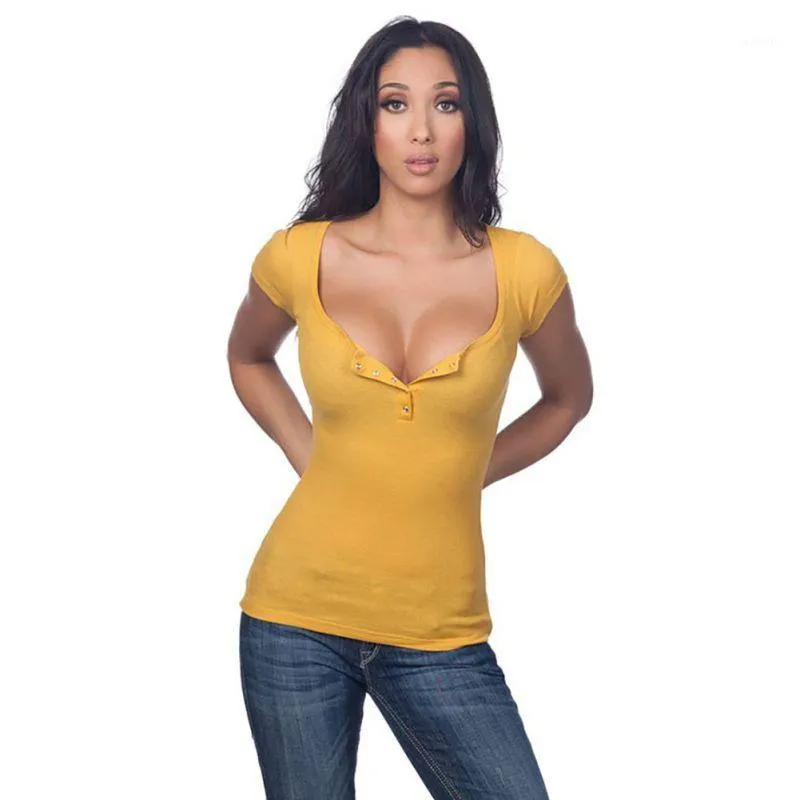 Wholesale- Women Summer T Shirt Tops Lady Deep V Neck Tees Fashion Plunge Cleavage Button Tops Shirts1