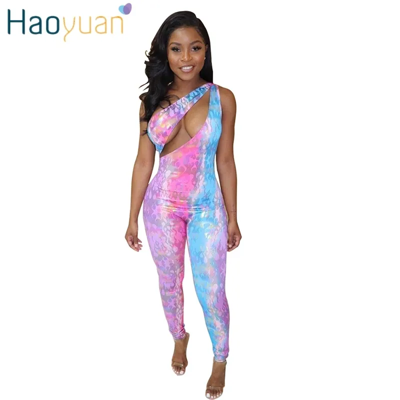 Haoyuan Sexy Tie Romper Womens Jumpsuit Um ombro Oco Mulheres Festival Roupas Outono Backless Bodycon Femme Macacões T200509