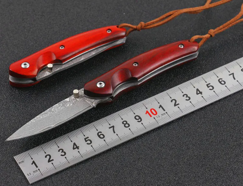 Новый Damascus EDC Pocket Pocket News Vg10 Damascus Steel Blade Natural Red Red Ebony Renge Renge с деревянной подарочной коробкой
