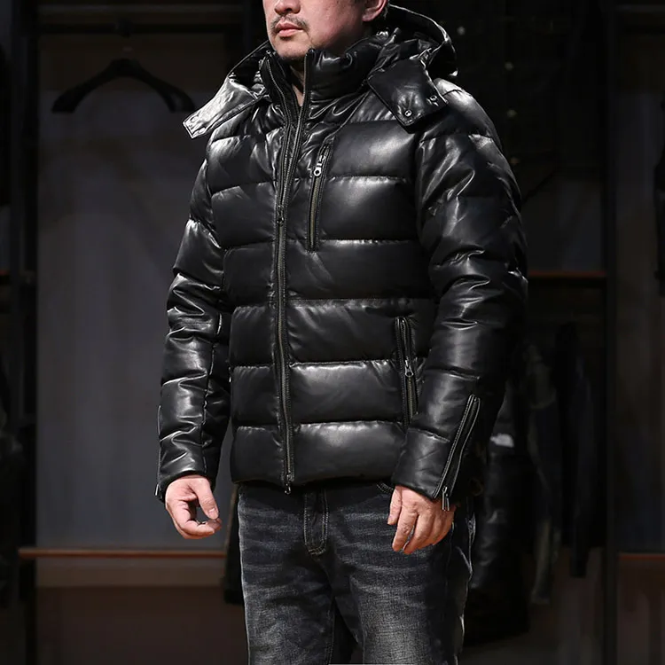 Avfly Men Echt lederen down jassen met hoody splitsen schapenvacht leer warme winterjassen