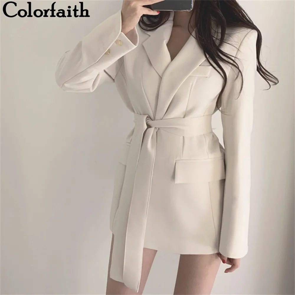 Colorfaith Yeni Sonbahar Kış Kadın Ceketler Ofis Bayanlar Lace Up Çentikli Resmi Dış Giyim Zarif Beyaz Siyah Tops LJ200813