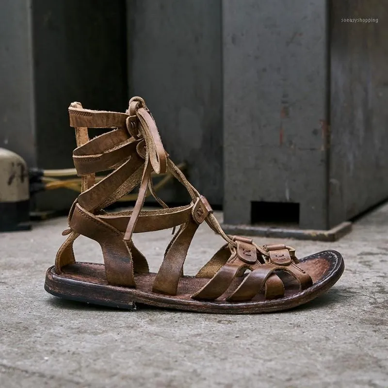 Erkekler Lüks El Yapımı Yaz Dantel Up Yüksek Üst Gladyatör Sandalet Erkek Vintage Inek Derisi Hakiki Deri Çapraz Bandaj Sandalet Shoes1