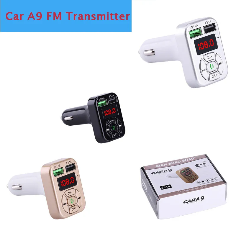 3.1A Cargador rápido USB dual A9 Cargador de coche Bluetooth 5.0 Transmisor FM Receptor de audio manos libres inalámbrico Reproductor de MP3 automático