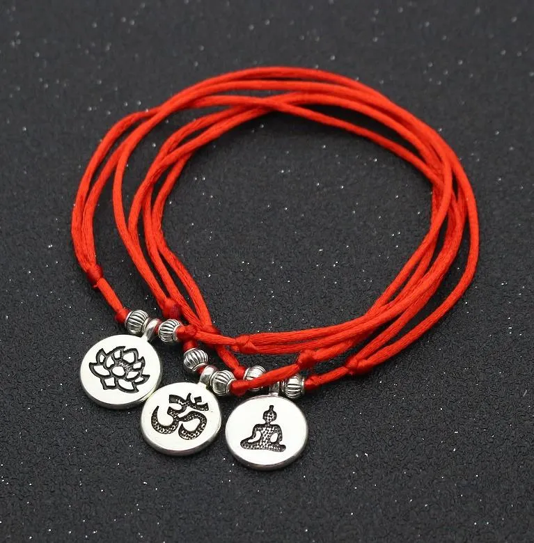 20st / lot Antik Silver Metal Om Lotus Charm Armband Anklets För Kvinnor Män Lucky Red Rope Trådsträng Justerbar Braid Armband