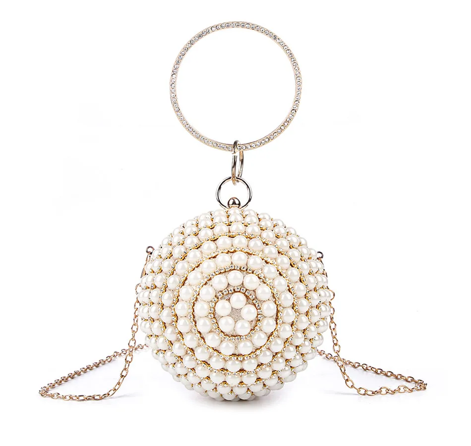 Luxe femmes perle perles sac de soirée rond diamant mariée fête de mariage sacs à main chaîne pochette petit dîner sac à main bolso