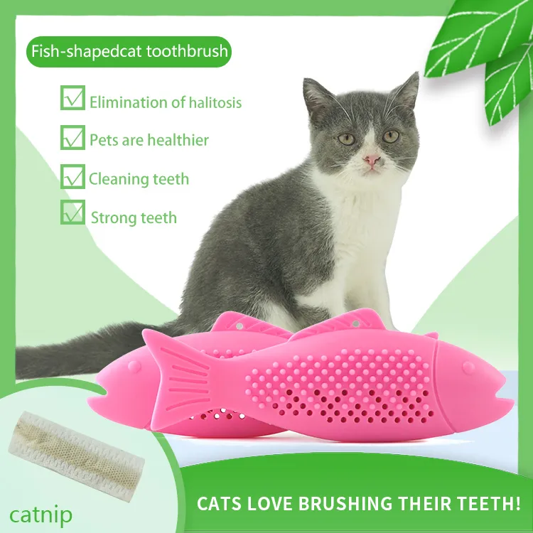 Nuovo arrivo Pet Cat Fish Shape FDA Manico in silicone Spazzolino da denti con Catnip Eco-Friendly Bastone molare Giocattolo per la pulizia dei denti per gattini