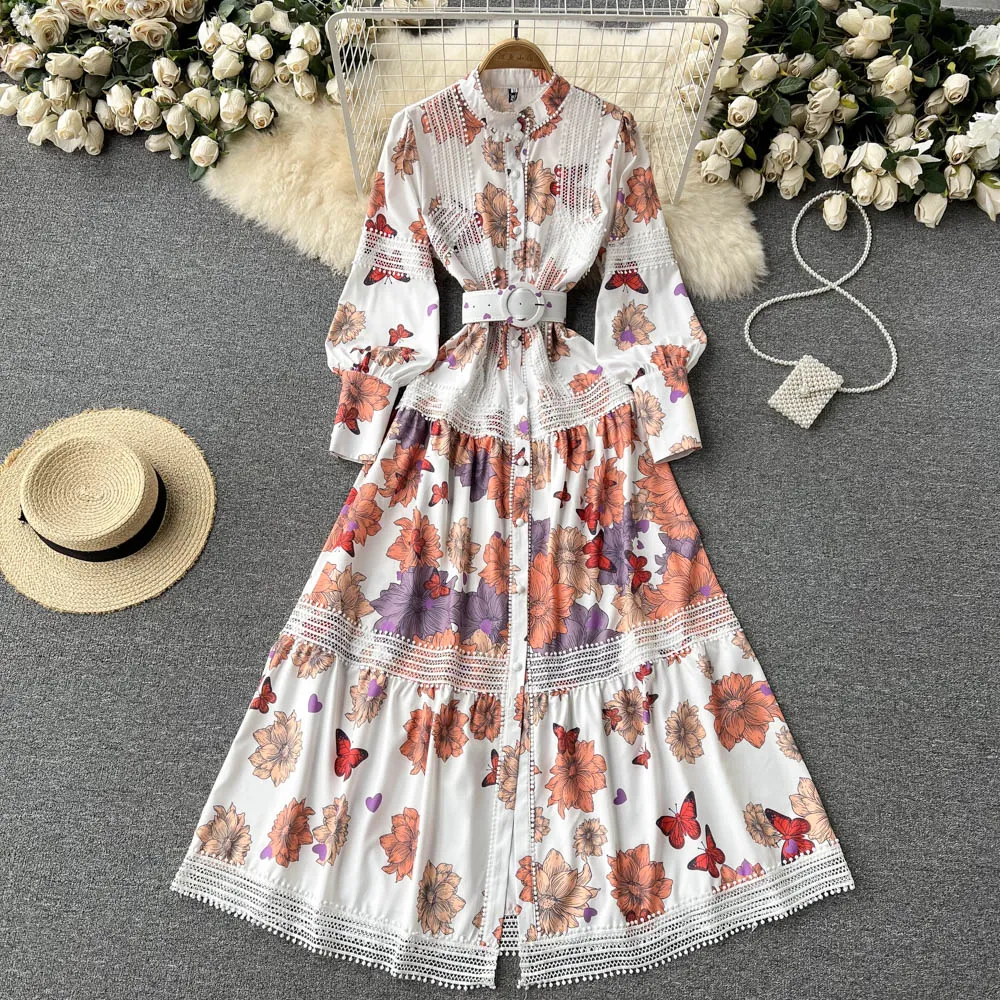 Spring Autumn Lace Edge Stand Collar Single Breasted Dress New Women Female Lantern Sleeve Slim A-line Dresses 2022