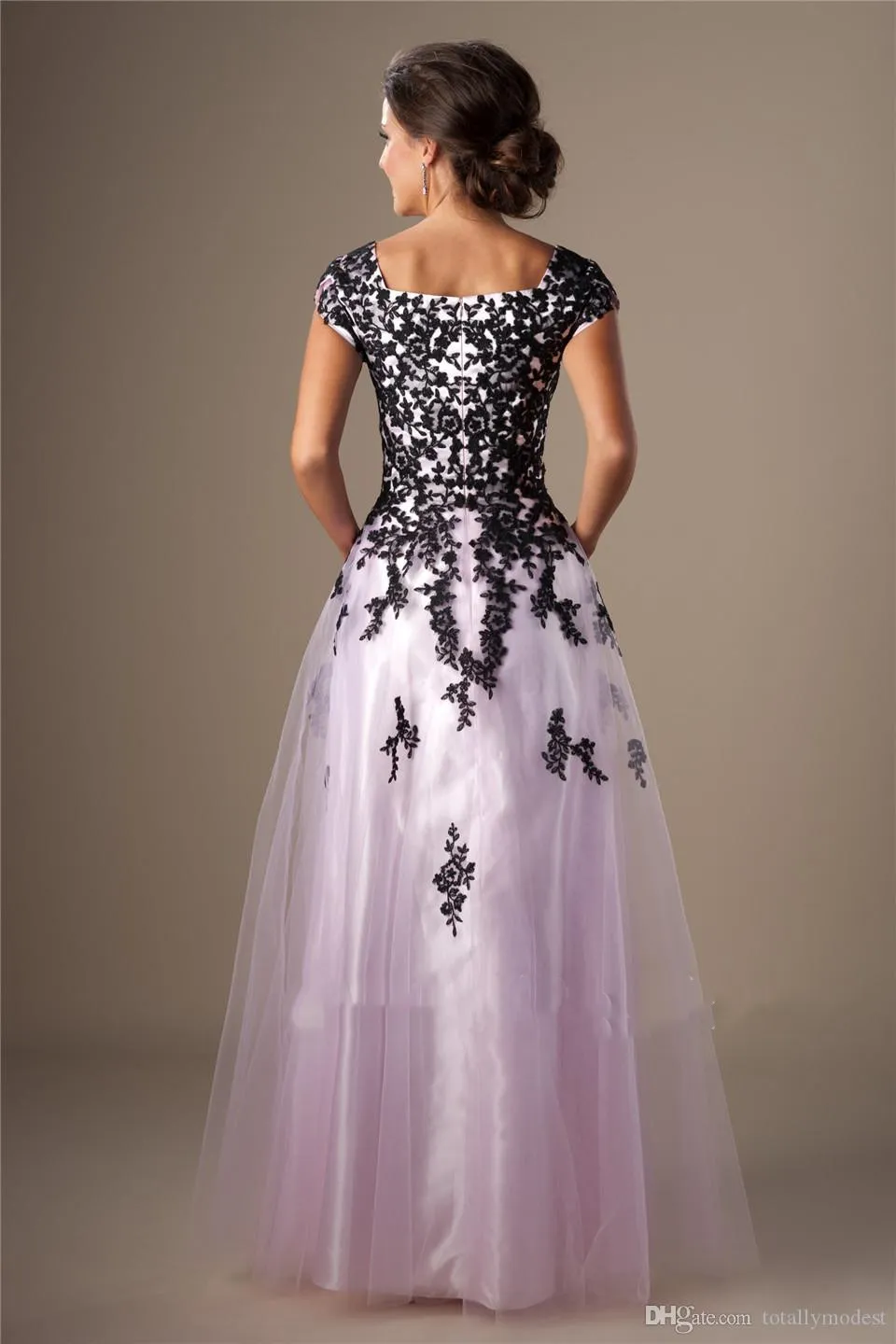 Rose et noir longues robes de bal modestes avec mancherons en dentelle tulle appliques une ligne filles robes de bal formelles tenue de soirée de lycée