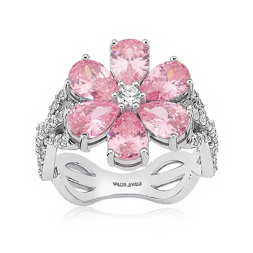 Valori Jewels Magnolia Flower Ring, 2 Ct Zircon Pink Pear Gemstone, gerhodineerd, 925 zilver, fijne sieraden 220216