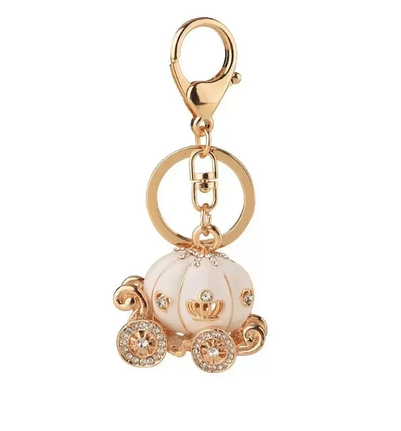 Porte-clés en cristal avec pendentif en forme de chariot de citrouille, joli sac à main, porte-clés de voiture, cadeau d'anniversaire, couleurs rose et blanc