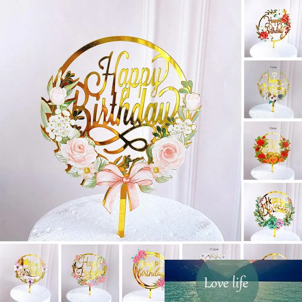 Colored Flowers Happy Birthday Cake Topper Golden Acrylic BirthdaDessert Decoration For Kids Baking Supplies