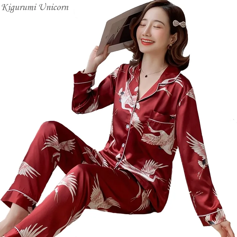 2 Piece Women Sleepwear Plus Size 3XL 4XL 5XL 85kg Nightwear Long Sleeve Silk Pajamas New Spring Autumn Print Cute Pyjamas 201027
