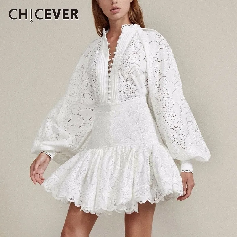 CHICEVER Sexy évider chemise jupe deux pièces ensembles femme lanterne manches chemisier hauts femmes taille haute patchwork dentelle jupe costume 201201