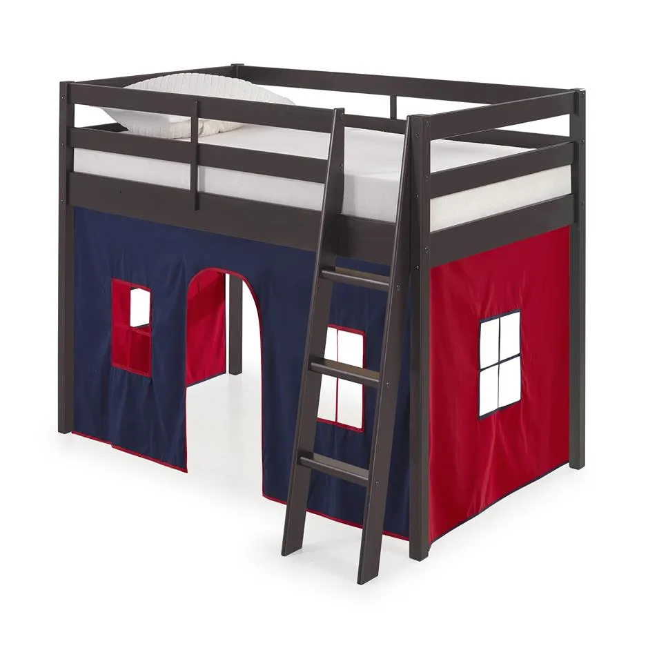 US Stock Roxy Twin Wood Junior Loft Bed Bedroom Furniture with Espresso with Blue and Red Bottom Tent a22