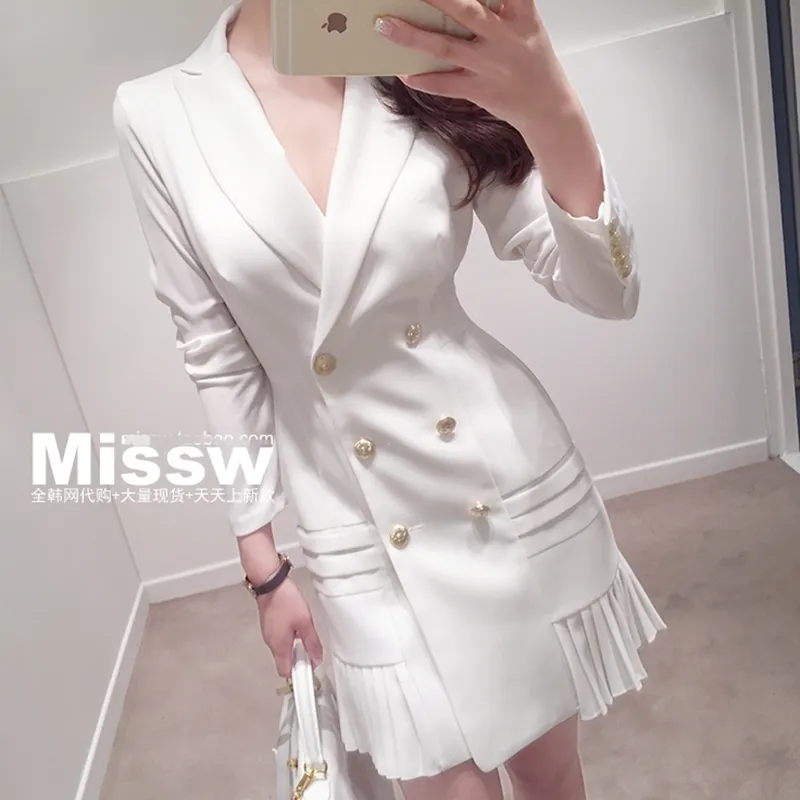 elegant white tailored blazer dress with ruffle detail White Tailored Blazer Mini Dress with Ruffle Detail – Label-Lahra main image 1