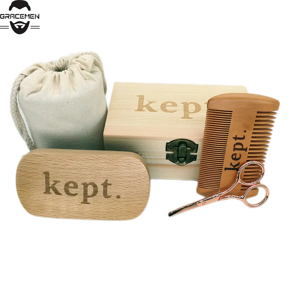 MOQ 100 sets aangepaste logo baard kit borstel en dubbele actie perzik hout kam verzorging schaar in geschenk tas houten doos