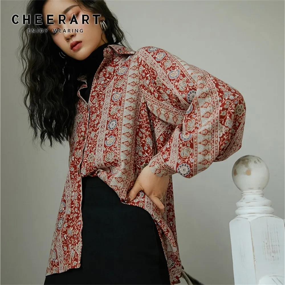 CHEERART Vintage Floral Shirts Frauen Rot Langarm Button Up Hemd Damen Top Laterne Hülse Bluse Koreanische Kleidung LJ200810