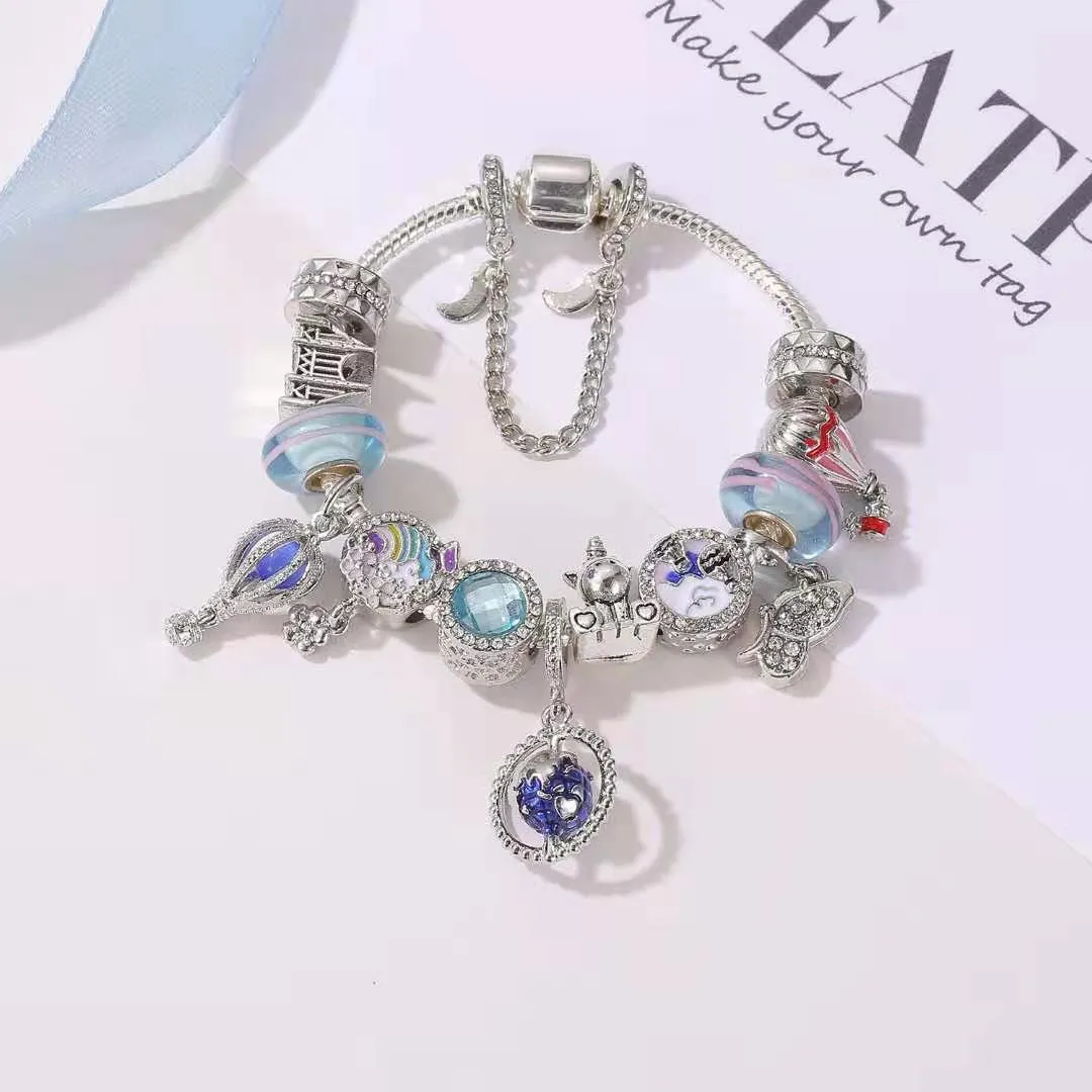 17-21CM hot-air balloon charms bracelets Souvenir bracelet globe and unicorn beads as gift DIY Jewelry pink and blue Accessories