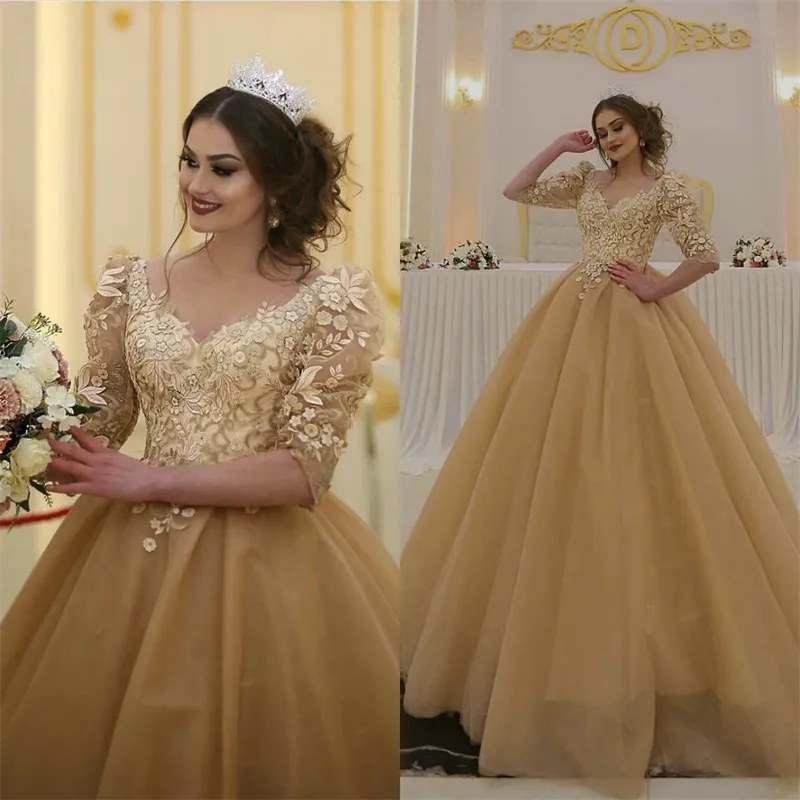Vestidos De Novia Hinchados De Champán Con Aplicación Floral 3D
