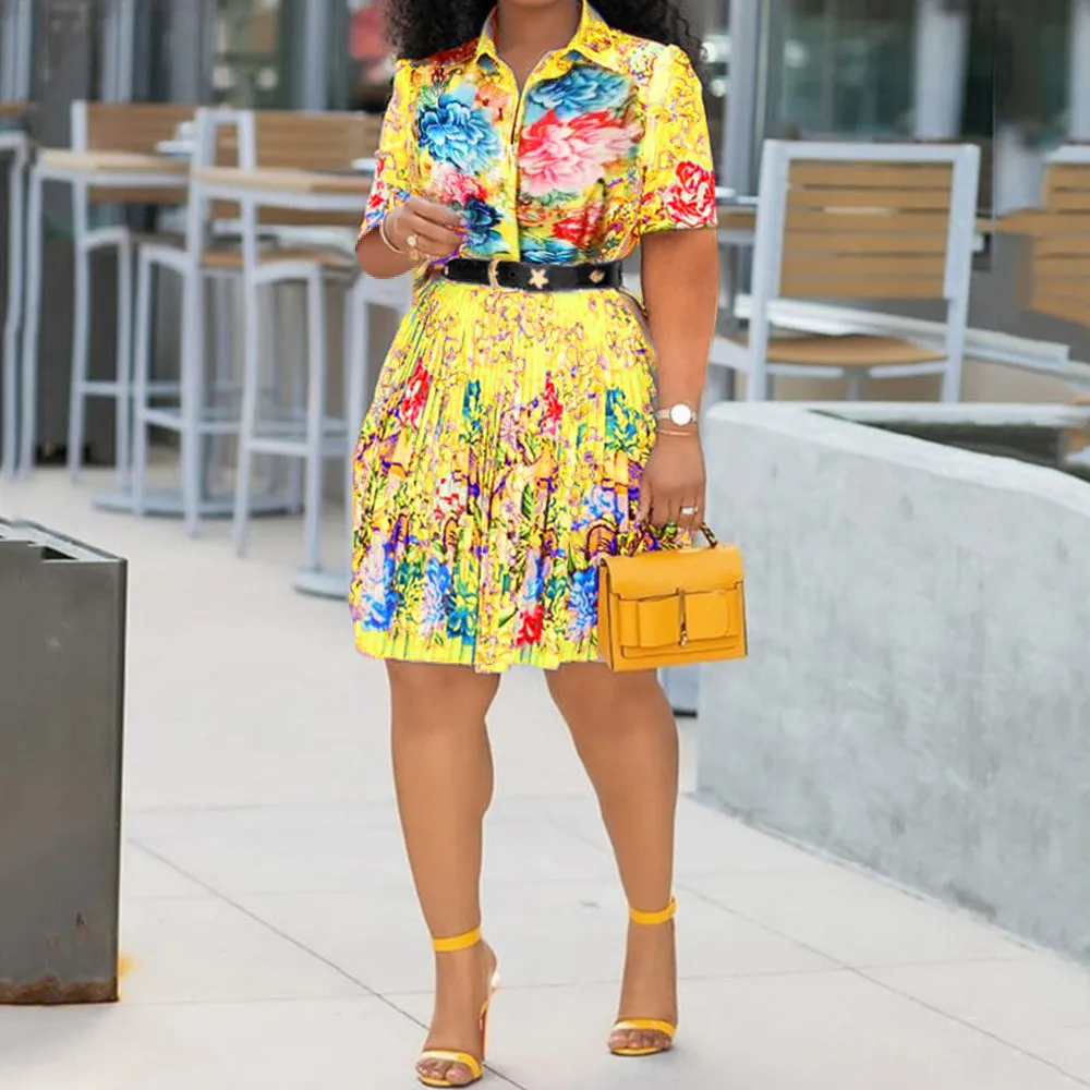 Save Big on Bulk Plus Size Long Yellow Dress Yellow Floral Dress Formal,  Pleated Long Sleeve Shirt Dress Elegant Autumn Winter Office Work Wear